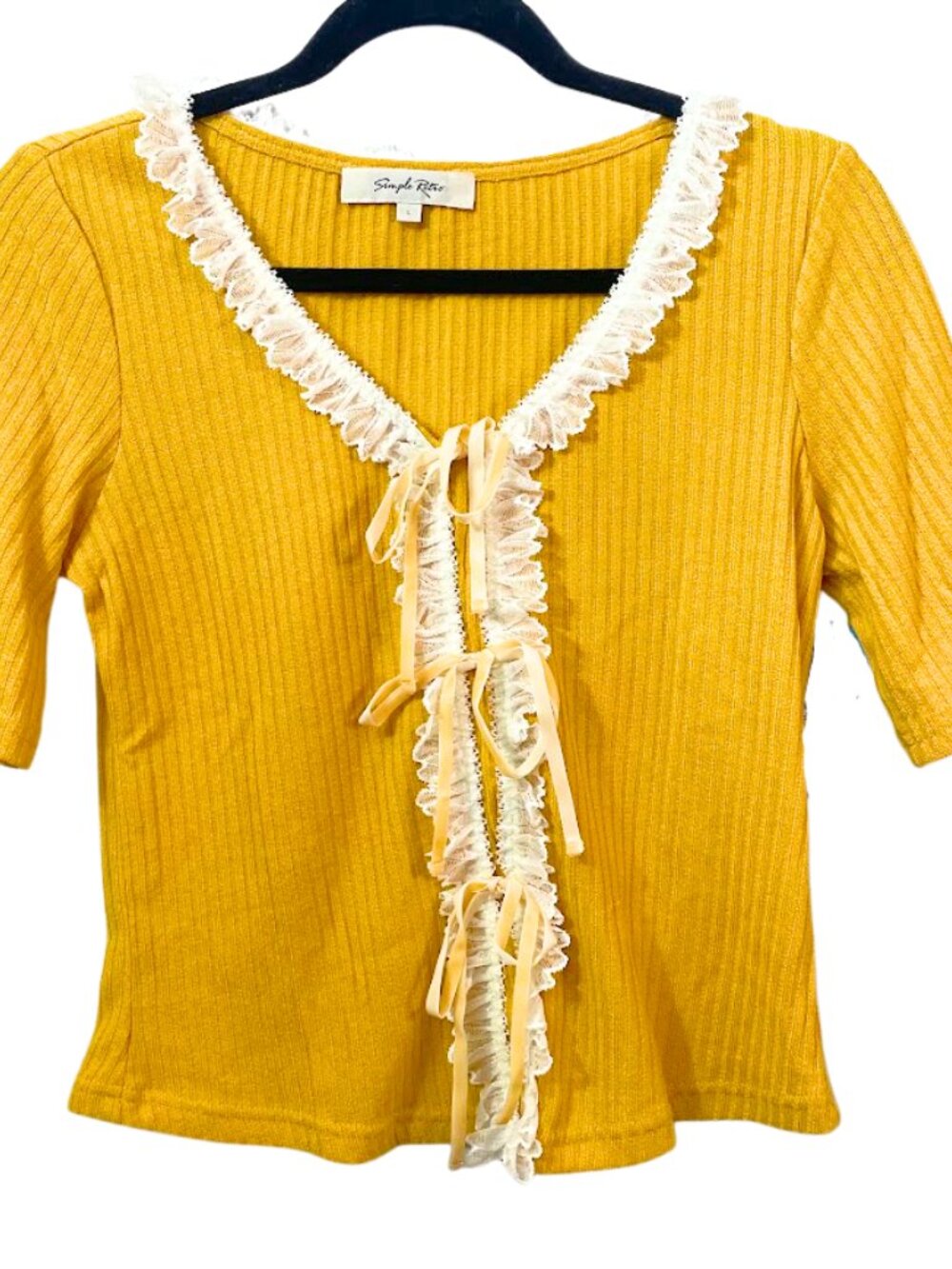 Simple Retro V-neck Lace Trim Ribbed Top Yellow Large